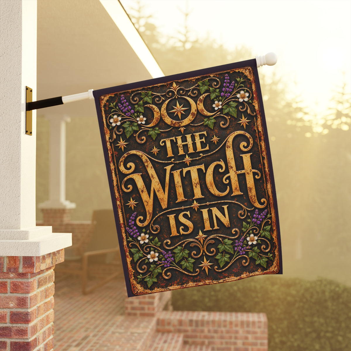 The Witch Is In | Elegant Witchy Garden Flag | Porch Flag