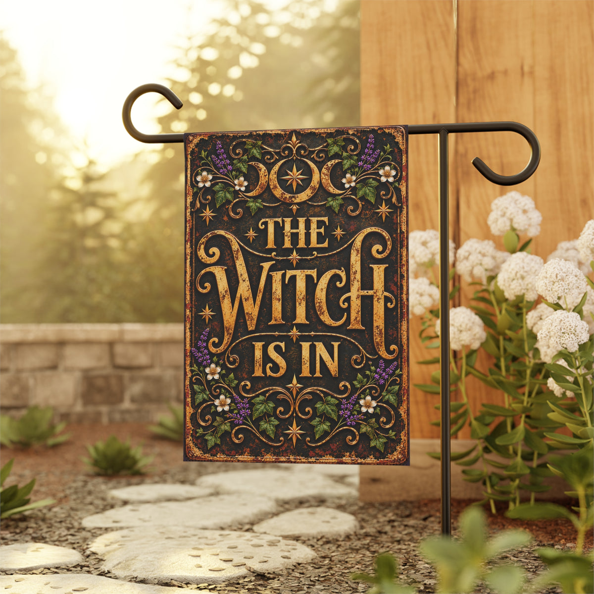 The Witch Is In | Elegant Witchy Garden Flag | Porch Flag
