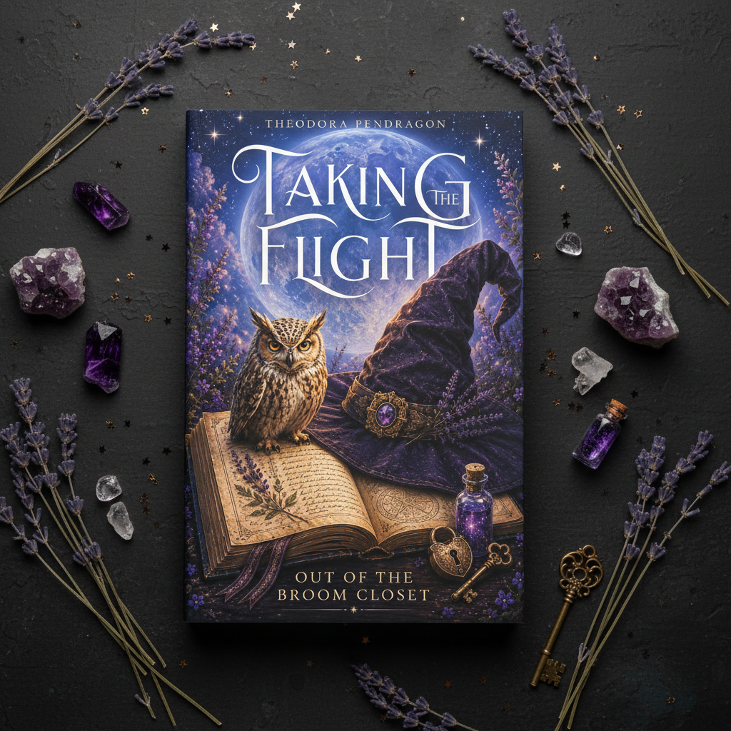 Flat lay of Taking the Flight ebook surrounded by crystals, lavender and witchy props