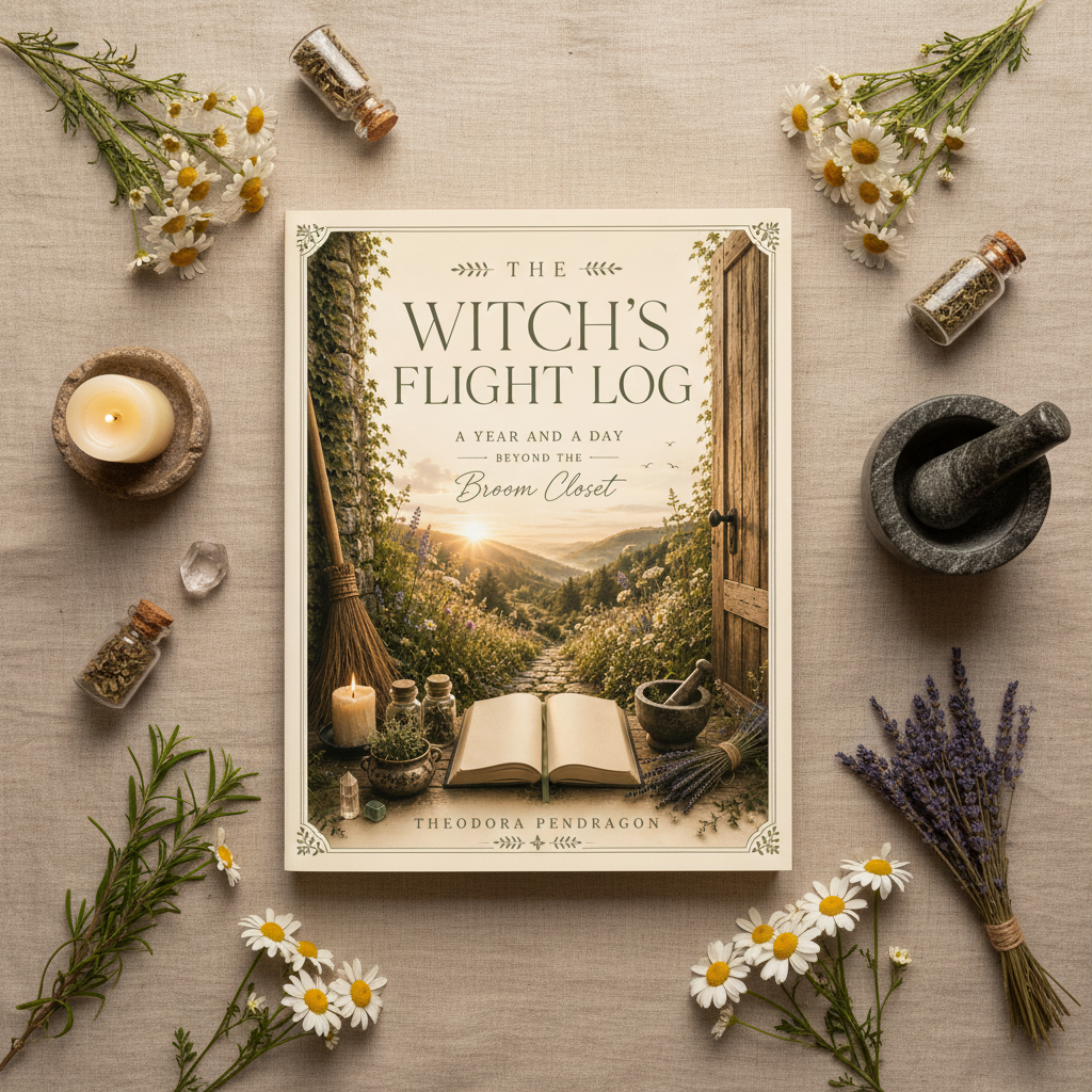 Flat lay of The Witch's Flight Log ebook surrounded by wildflowers, lavender, crystals and witchy props