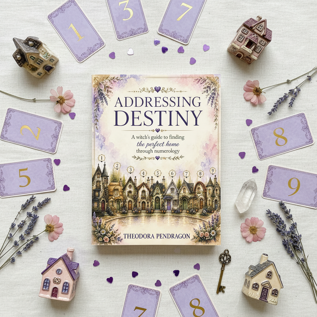 Flat lay of Addressing Destiny ebook surrounded by numerology cards, crystals, lavender and house trinkets