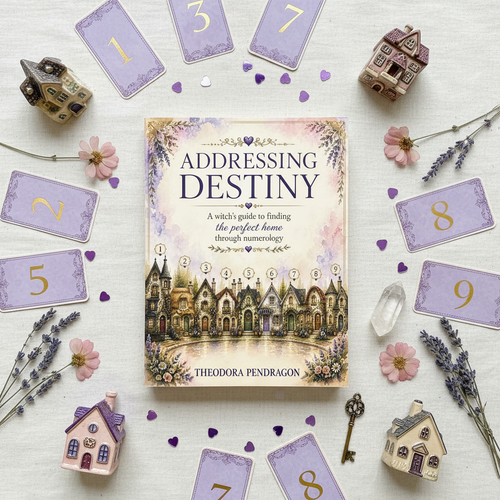 Flat lay of Addressing Destiny ebook surrounded by numerology cards, crystals, lavender and house trinkets