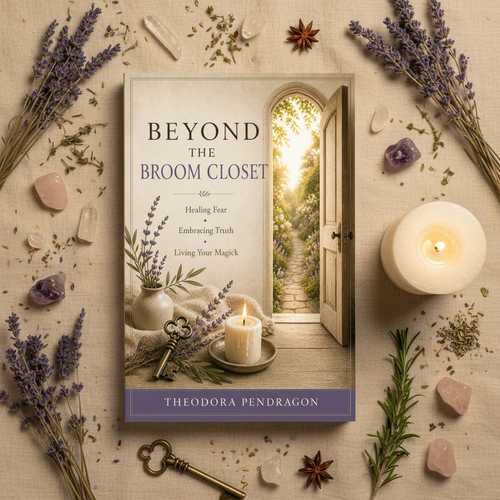 Flat lay of Beyond the Broom Closet ebook surrounded by lavender, candle, crystals and a brass key